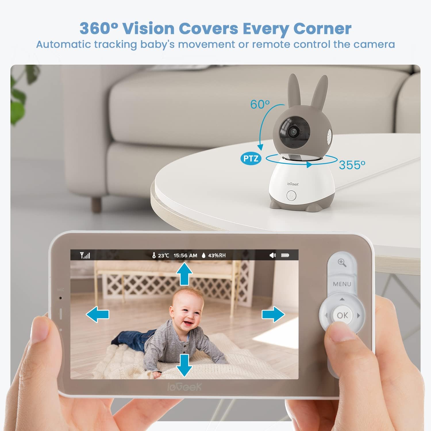 ieGeek Baby 1T 2K PTZ video monitor with 355°horizontal rotation and 60° vertical tilt
