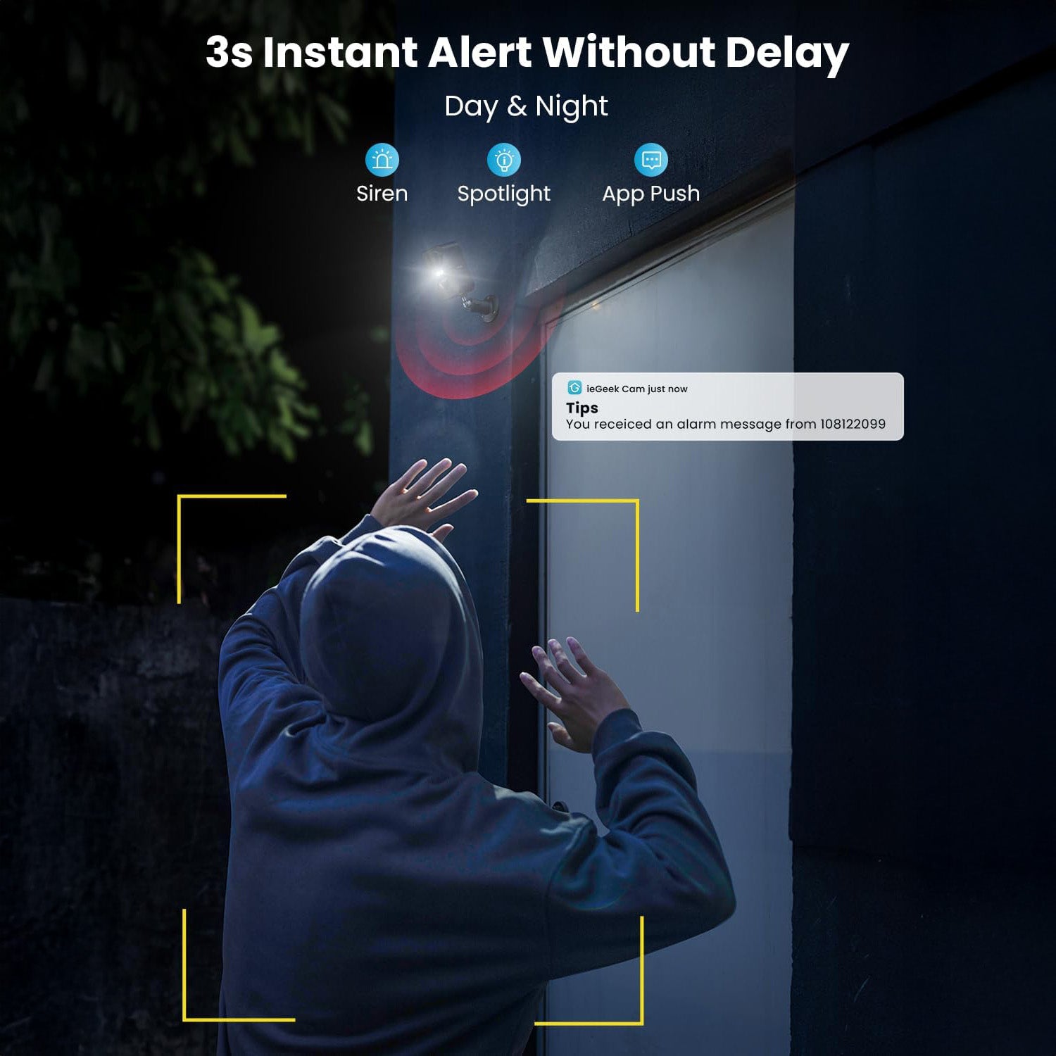 ieGeek battery powerd outdoor security camera provides 3s instant alert with siren, spotlight and info notes from app day and night